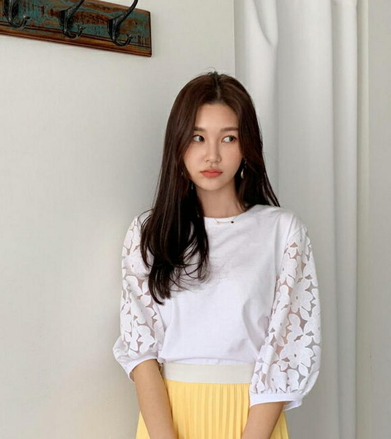 パフレーススリーブTシャツ・全4色・b58547 レディース 【tops】【トップス Tシャツ 7分丈 パフスリーブ レース シ
