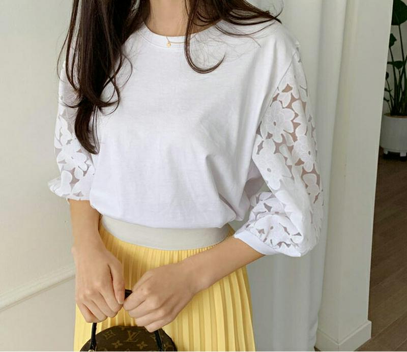 パフレーススリーブTシャツ・全4色・b58547 レディース 【tops】【トップス Tシャツ 7分丈 パフスリーブ レース シ
