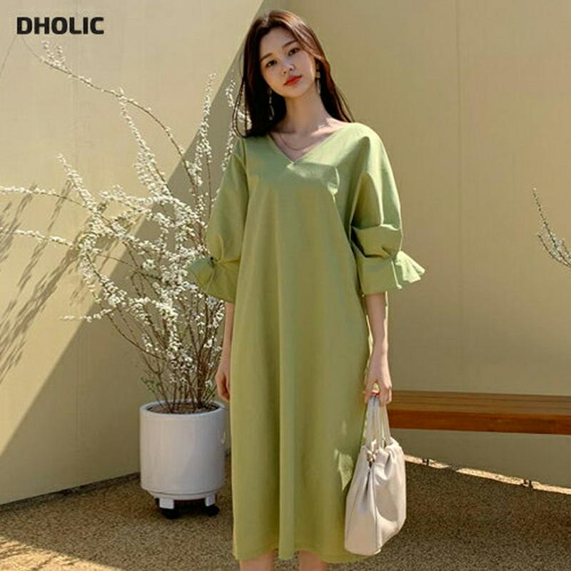 Vネックパフスリーブワンピース・全3色・t58569 レディース 【ops】【ワンピース ロング ロング丈 Vネック 7分丈 フ