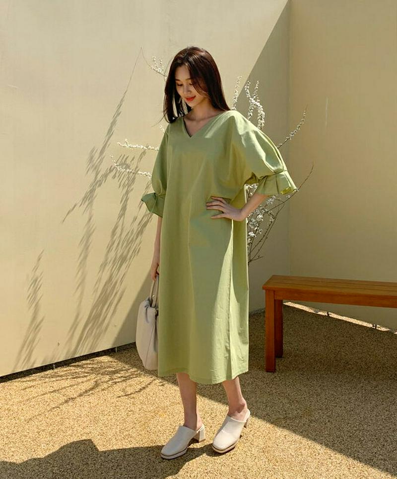 Vネックパフスリーブワンピース・全3色・t58569 レディース 【ops】【ワンピース ロング ロング丈 Vネック 7分丈 フ