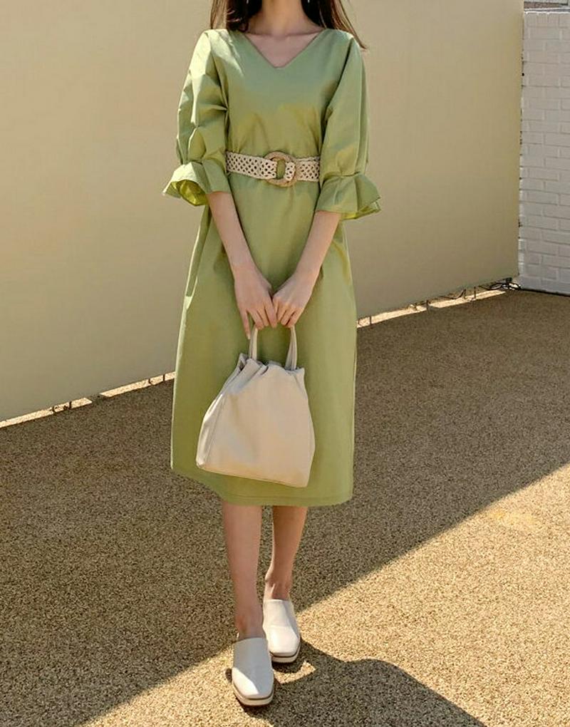 Vネックパフスリーブワンピース・全3色・t58569 レディース 【ops】【ワンピース ロング ロング丈 Vネック 7分丈 フ