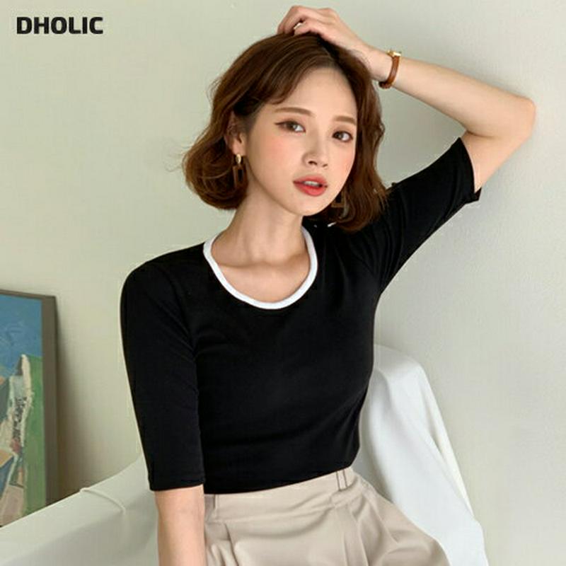 配色ラウンドネックTシャツ・全4色・58546 レディース 【tops】【トップス Tシャツ ラウンドネック 半袖 配色　無地 