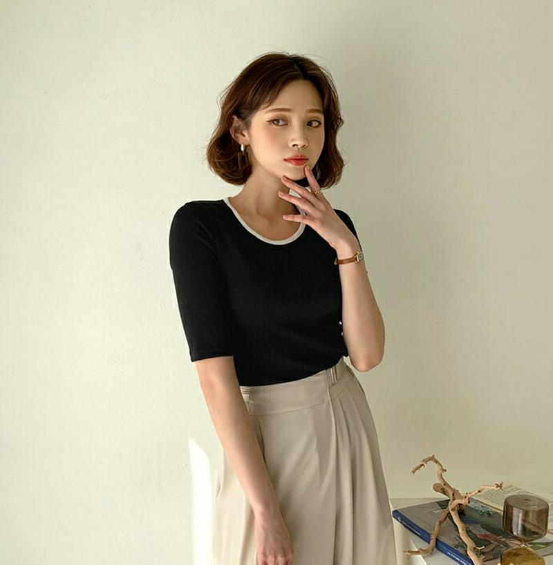 配色ラウンドネックTシャツ・全4色・58546 レディース 【tops】【トップス Tシャツ ラウンドネック 半袖 配色　無地 