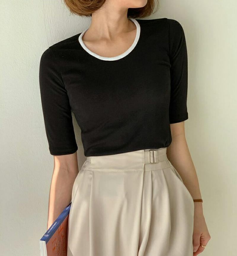 配色ラウンドネックTシャツ・全4色・58546 レディース 【tops】【トップス Tシャツ ラウンドネック 半袖 配色　無地 