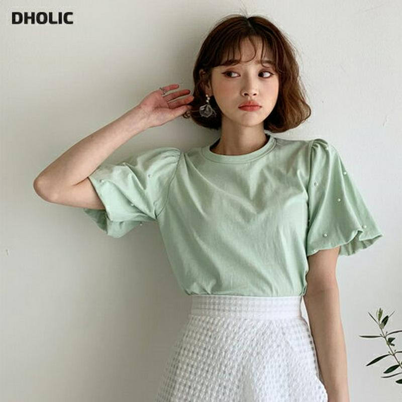 パールパフスリーブTシャツ・全3色・b58548 レディース 【tops】【トップス 半袖 ラウンドネック Tシャツ パフスリー
