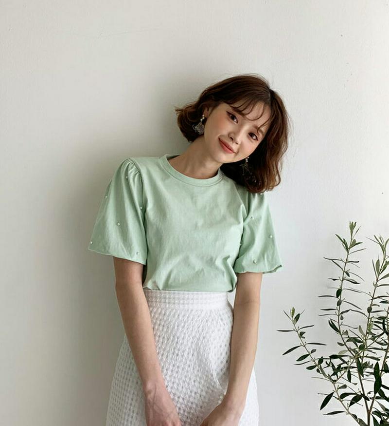 パールパフスリーブTシャツ・全3色・b58548 レディース 【tops】【トップス 半袖 ラウンドネック Tシャツ パフスリー