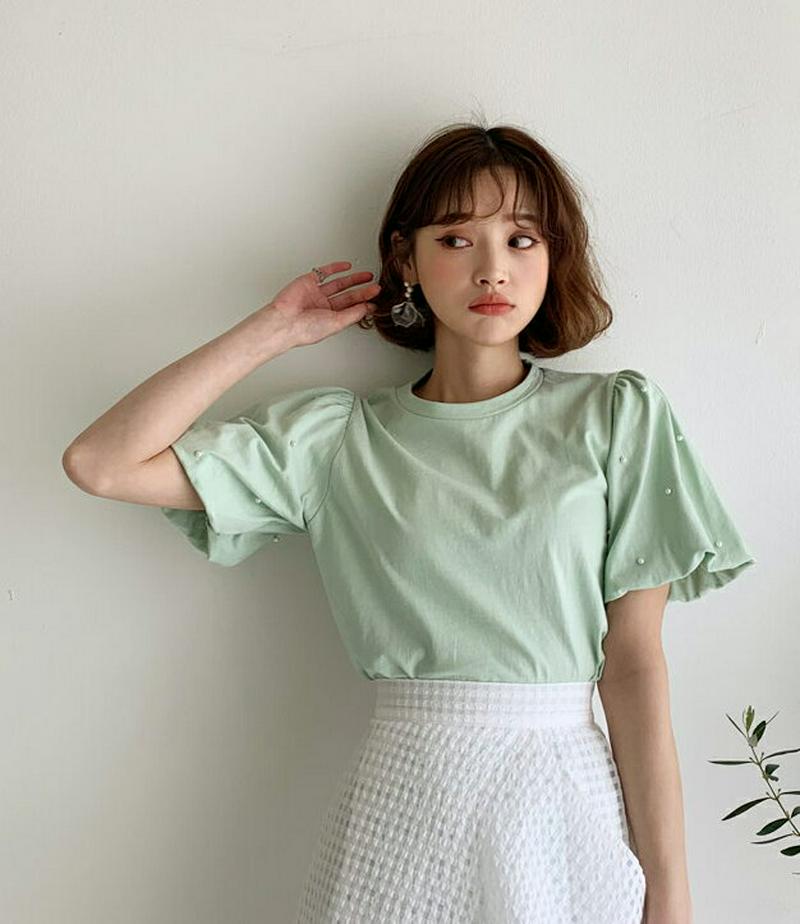パールパフスリーブTシャツ・全3色・b58548 レディース 【tops】【トップス 半袖 ラウンドネック Tシャツ パフスリー