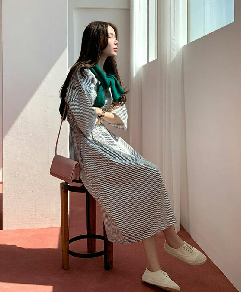 ウエストゴムストライプワンピース・全2色・b61608 レディース【ops】【ワンピース ロング ロングワンピース ストライプ 