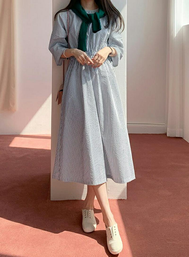 ウエストゴムストライプワンピース・全2色・b61608 レディース【ops】【ワンピース ロング ロングワンピース ストライプ 