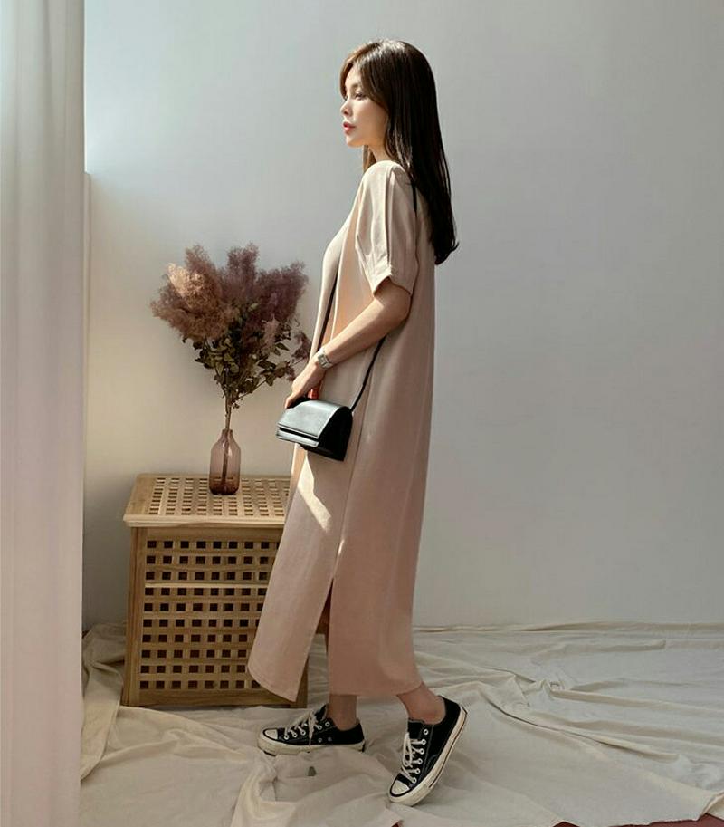 タックスリットワンピース・全3色・b61605 レディース【ops】【ワンピース ロング ロングワンピース 半袖 半そで ハーフ