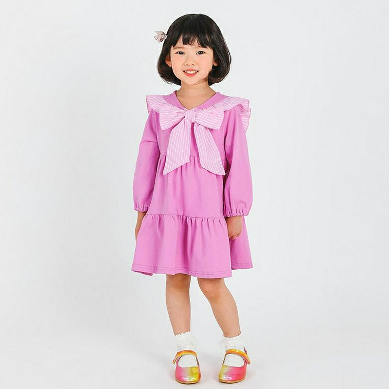 ストライプリボンティアードワンピース・p000442 キッズ【3~8才】【ops】【ワンピース ミディ丈 ミディアム ひざ上 長袖 リボン りぼん ストライプ ティアード 可愛い かわいい 女の子 ガーリー 子供 こども 子供服 こども服】【KIDS】