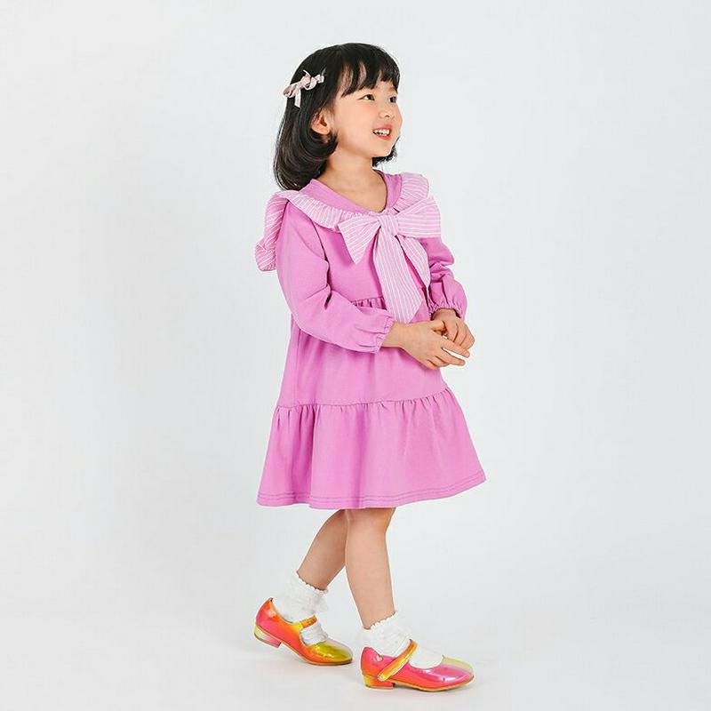 ストライプリボンティアードワンピース・p000442 キッズ【3~8才】【ops】【ワンピース ミディ丈 ミディアム ひざ上 長袖 リボン りぼん ストライプ ティアード 可愛い かわいい 女の子 ガーリー 子供 こども 子供服 こども服】【KIDS】