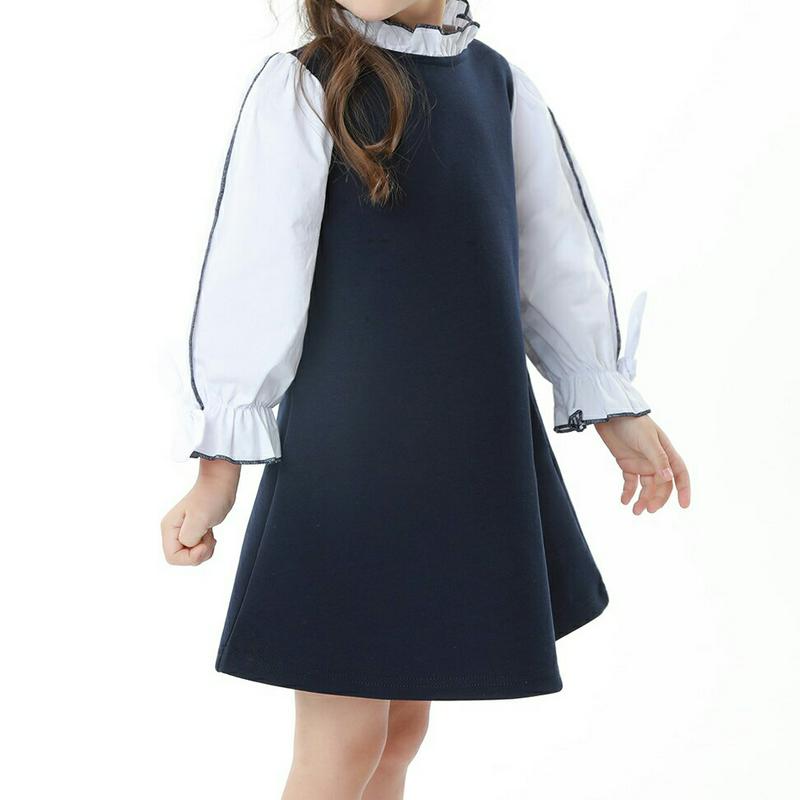 ステッチライン切替ワンピース・p000427 キッズ【3~8才】【ops】【ワンピース ミディ丈 ミディワンピース 長袖 ステッチ レイヤード風 フリル フリルネック ガーリー 可愛い かわいい 女の子 子供 こども 子供服 こども服】【KIDS】