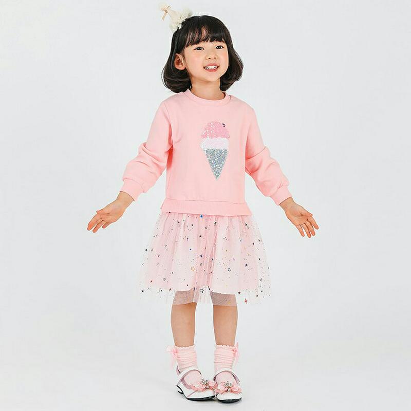 シャーベットスパンコールワンピース・p000443 キッズ【3~8才】【ops】【ワンピース レイヤード風 チュール ボリューム 長袖 スパンコール アイス アイスクリーム 可愛い 女の子 かわいい 星 ラメ スウェット カジュアル 子供 子供服 服】【KIDS】