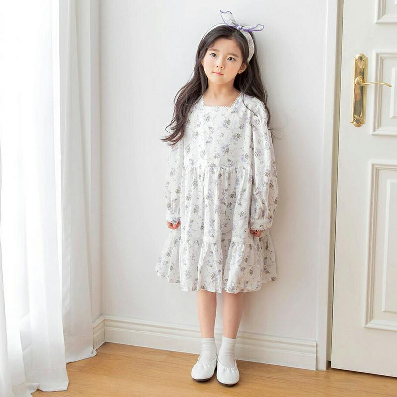 レーススクエアネック花柄ワンピース・p000389 キッズ【3~8才】【ops】【ワンピース ミディ丈 ミディワンピース 長袖 