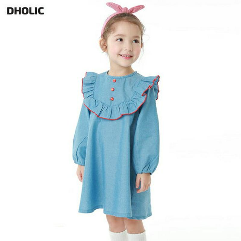 フリルポイントデニムワンピース・p000529 キッズ【3~8才】【ops】【ワンピース ミディ丈 ミディワンピース ひざ丈 長袖 フリル フリルネック デニム デニムワンピース 女の子 かわいい 可愛い カジュアル 子供 こども 子供服 こども服】【KIDS】