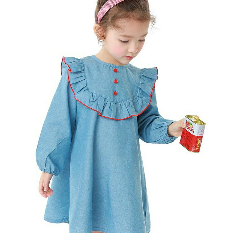 フリルポイントデニムワンピース・p000529 キッズ【3~8才】【ops】【ワンピース ミディ丈 ミディワンピース ひざ丈 長袖 フリル フリルネック デニム デニムワンピース 女の子 かわいい 可愛い カジュアル 子供 こども 子供服 こども服】【KIDS】