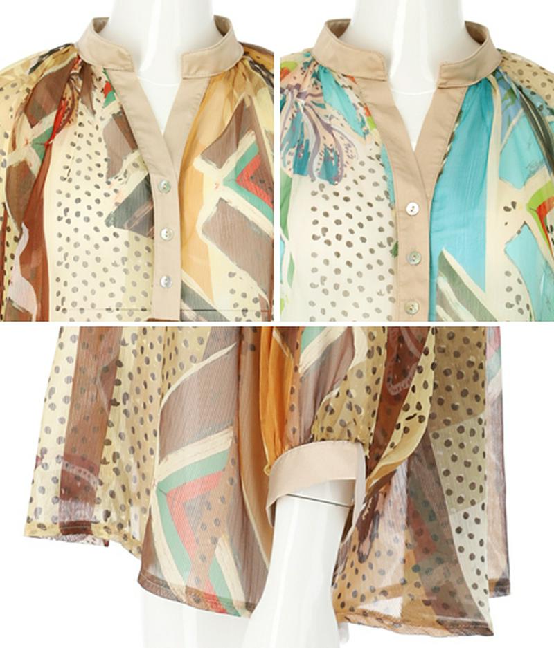 シフォン幾何学柄スキッパーブラウス