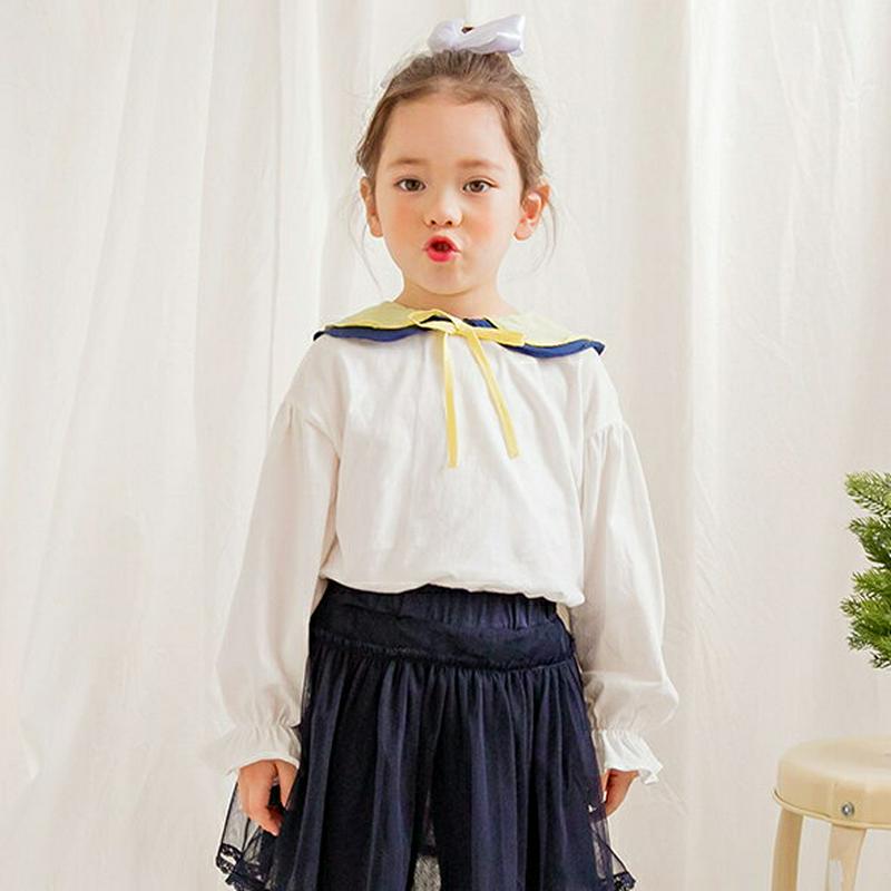 配色ラウンドカラーTシャツ(ホワイト)・p000900 キッズ【3~8才】【tops】【トップス Tシャツ 長袖 ラウンドカラー