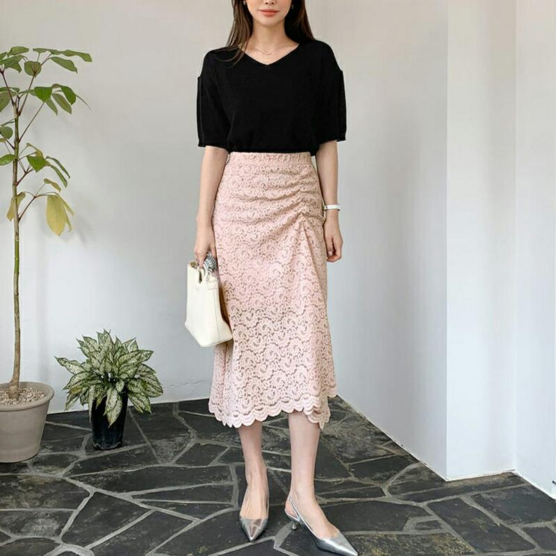 ギャザーレーススカート・全3色・b61673 レディース【sk】【スカート ミディ丈 ミディスカート 総レース レース レースス