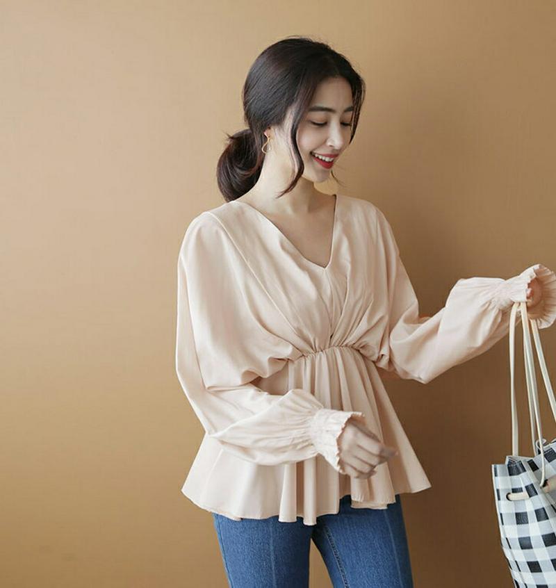 ≪人気商品再入荷≫Vネックギャザーフレアブラウス・全2色 b56534 レディース【bl】【トップス ブラウス フレア ウエスト
