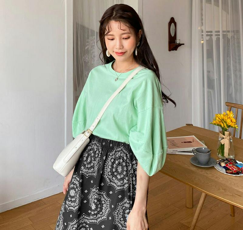 バルーンスリーブTシャツ・全3色・b58678 レディース 【tops】【トップス Tシャツ 無地 単色 七分丈 七分袖 7分袖
