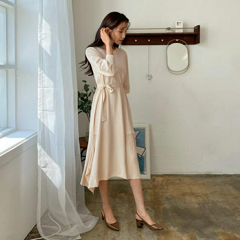 ストラップ付プリーツニットワンピース・全2色・e58694 レディース 【ops】【ワンピース ミディ丈 ミディワンピース ニッ