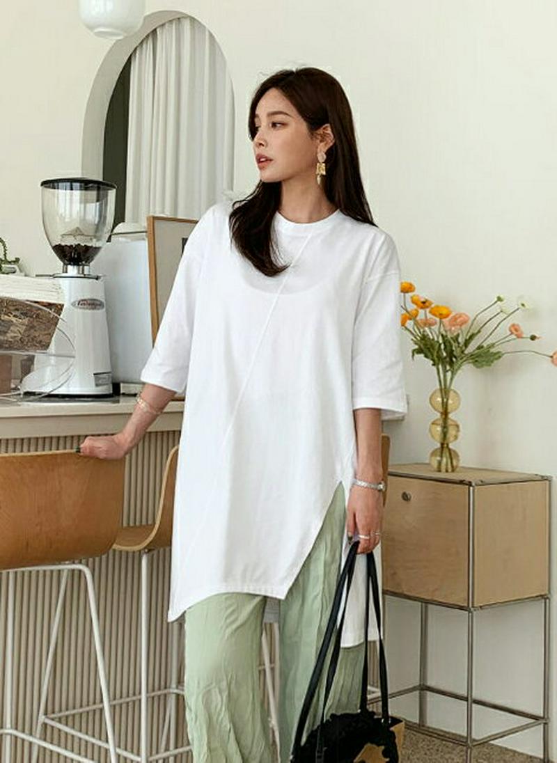 スリットロングTシャツ・全3色・b61624 レディース【tops】【トップス Tシャツ ロング丈 スリット 半袖 ハーフスリー