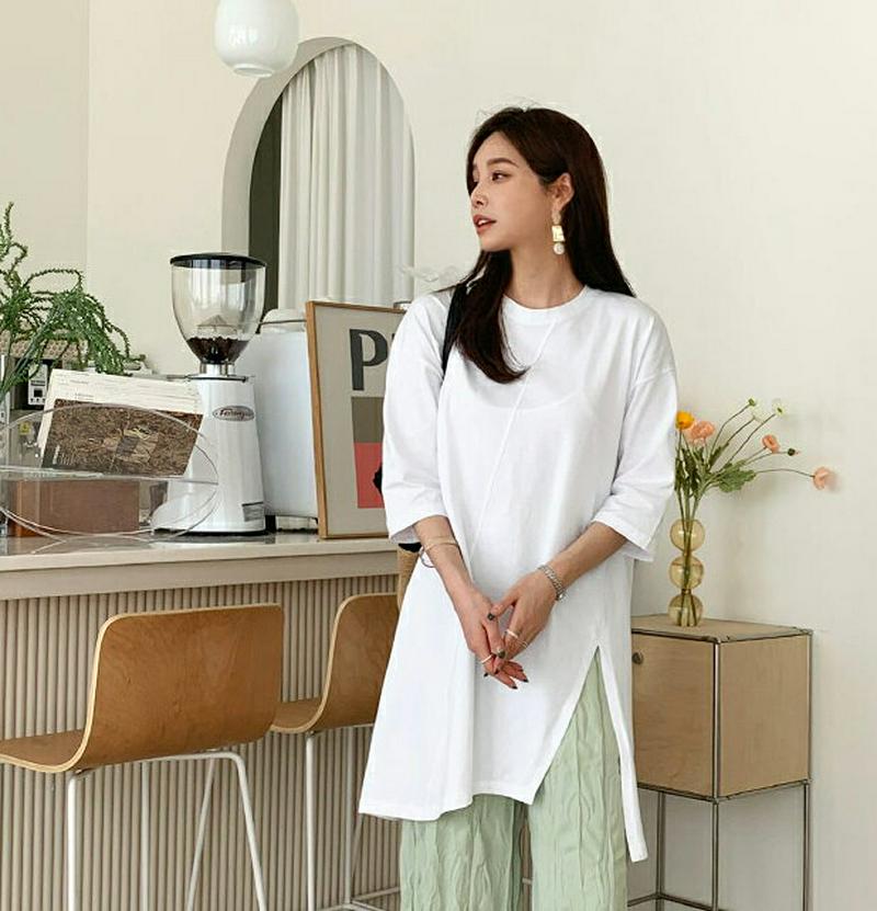 スリットロングTシャツ・全3色・b61624 レディース【tops】【トップス Tシャツ ロング丈 スリット 半袖 ハーフスリー