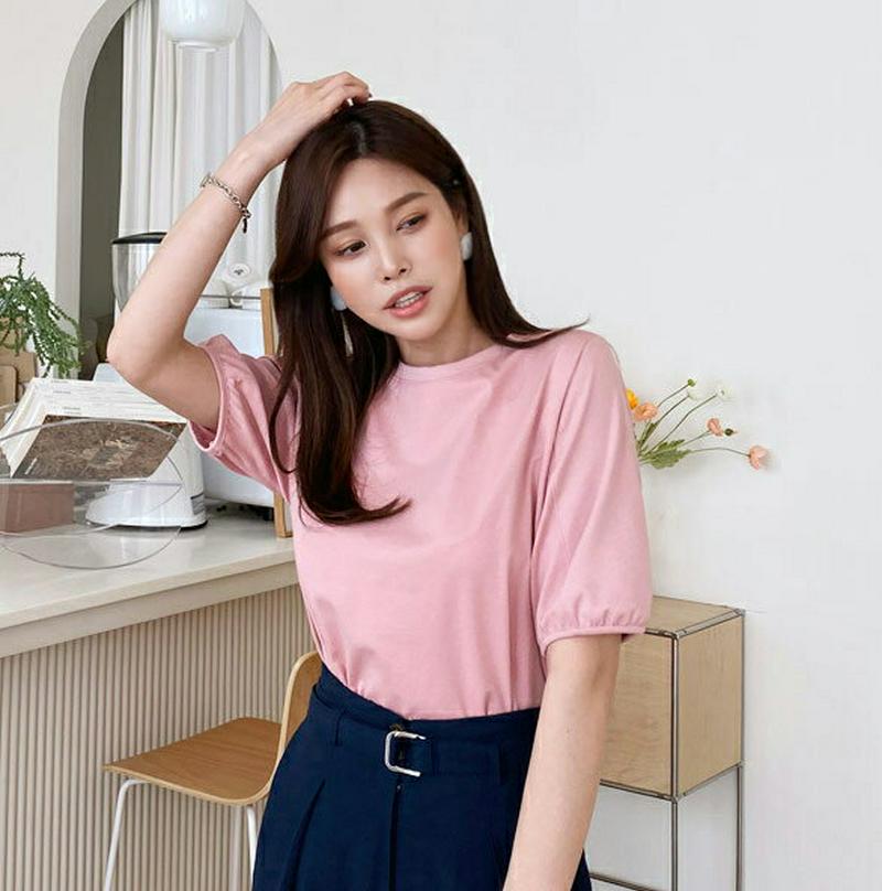 タックヘムTシャツ・全5色・b61621 レディース【tops】【トップス Tシャツ 半袖 タック ハーフスリーブ 単色 無地 