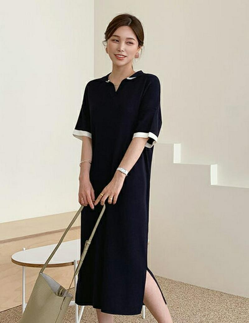 カラー配色ニットワンピース・全3色・t61688 レディース【ops】【ワンピース ロング ロングワンピース 半袖 ハーフスリー