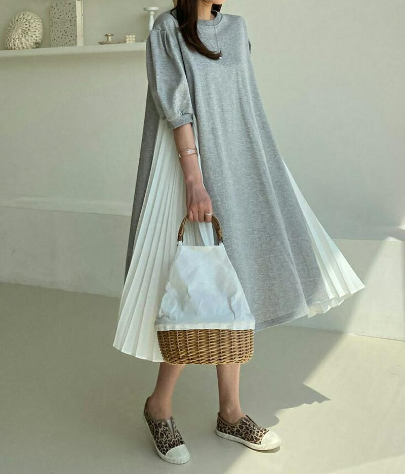 サイドプリーツパフワンピース・全4色・t61704 レディース【ops】【ワンピース ミディ丈 ミディワンピース プリーツ プリ