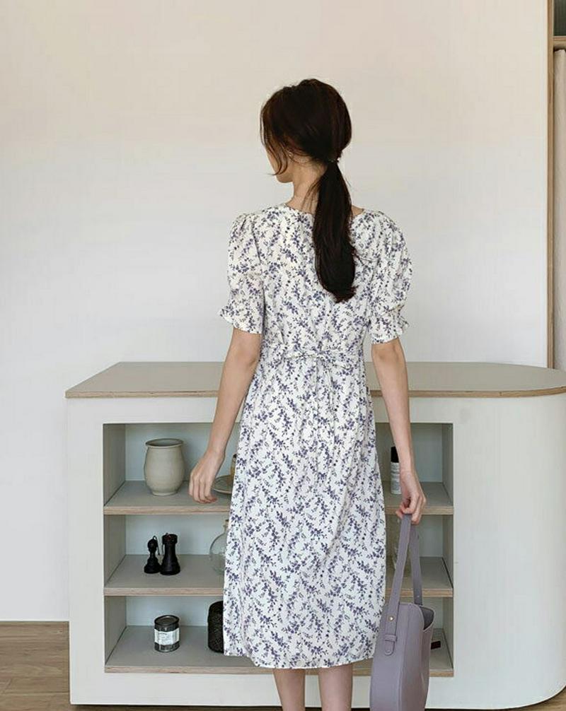 Vネックギャザー花柄ワンピース・全3色・t55219 レディース 【ops】【ワンピース ロング丈 ロング Vネック 花柄 半袖