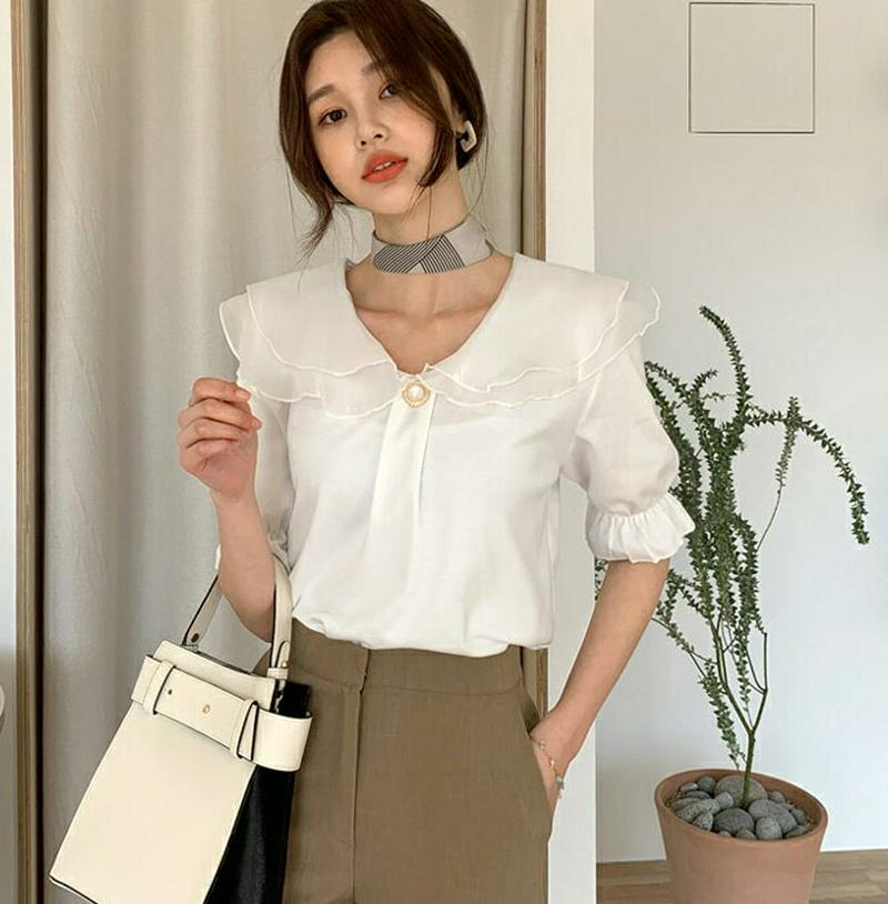 シフォンカラーTシャツ・全3色・t55212 レディース 【tops】【トップス Tシャツ ブラウス ラッフル フリル パールボ