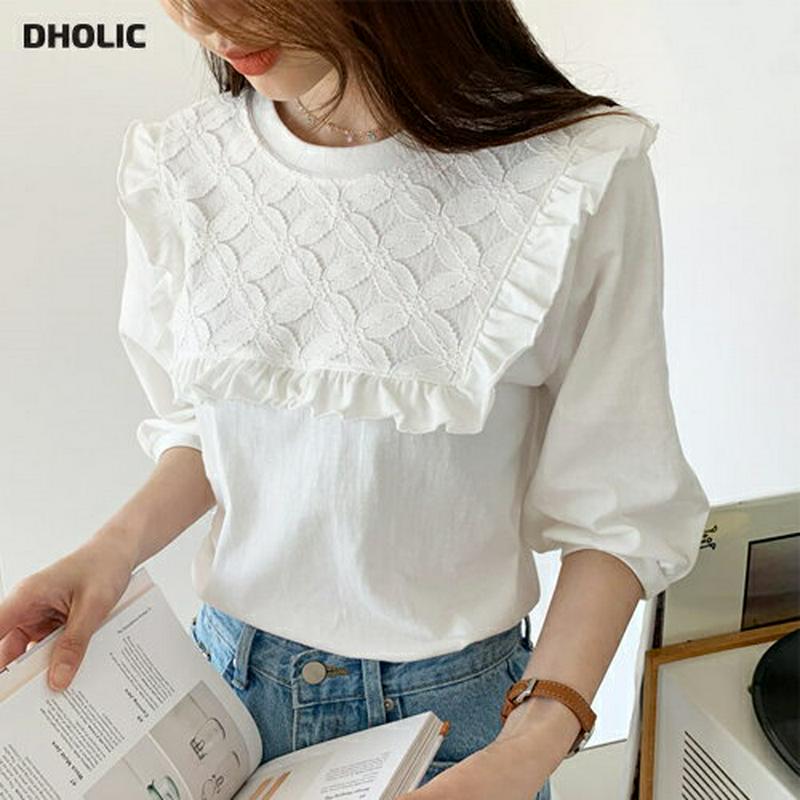 レースフリルTシャツ・全3色・b55214 レディース 【tops】【トップス Tシャツ ラウンドネック フリル レース 7分丈