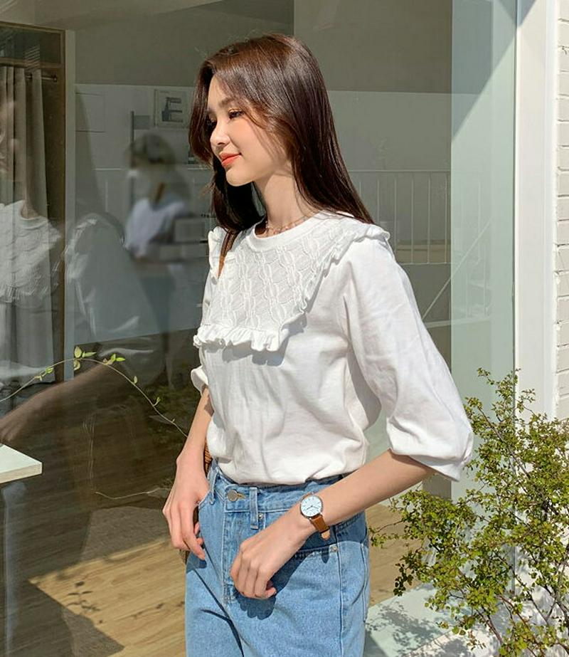 レースフリルTシャツ・全3色・b55214 レディース 【tops】【トップス Tシャツ ラウンドネック フリル レース 7分丈