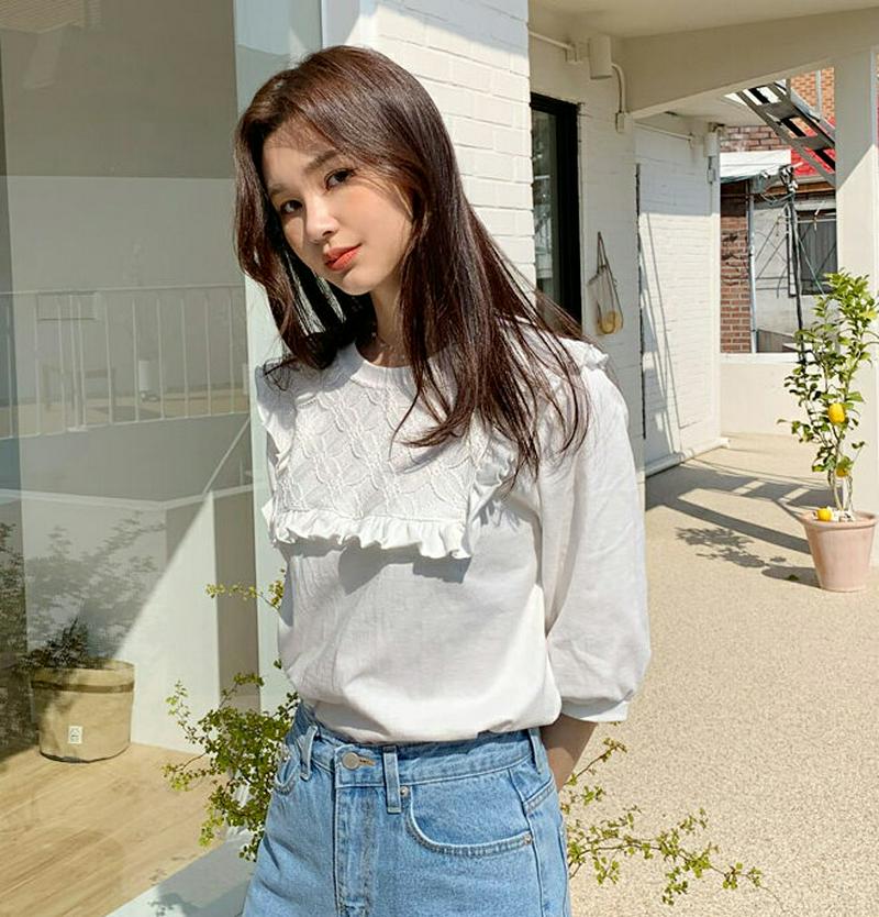 レースフリルTシャツ・全3色・b55214 レディース 【tops】【トップス Tシャツ ラウンドネック フリル レース 7分丈