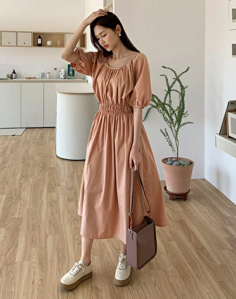 ギャザーパフワンピース・全3色・t55221 レディース 【ops】【ワンピース ロング ロング丈 半袖 パフスリーブ ラグラン