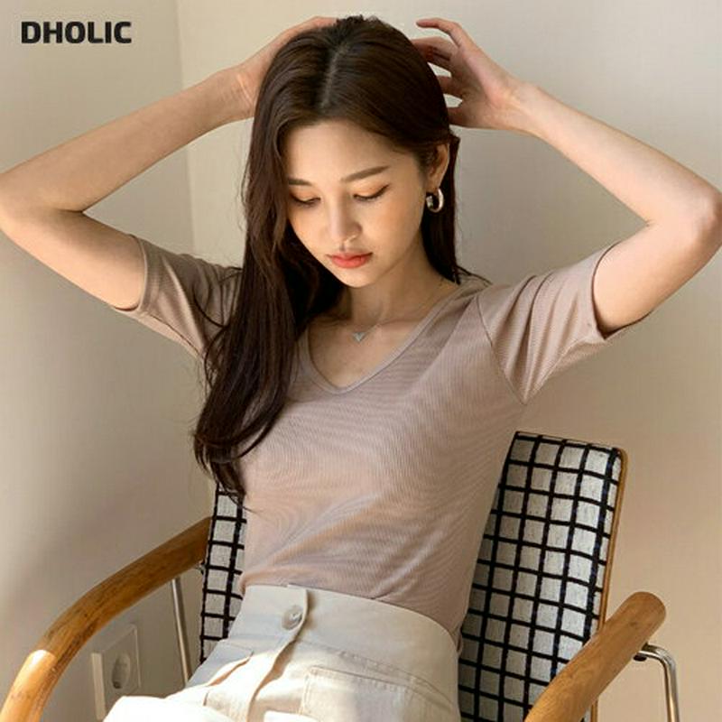 VネックスリムTシャツ・全4色・55207 レディース 【tops】【トップス Tシャツ Vネック Uネック 半袖 リブ スリム