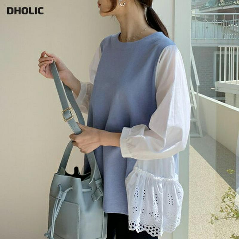 ≪人気商品再入荷≫レースコントラストTシャツ・全2色・b55216 レディース 【tops】 韓国ファッション トップス Tシャツ 長袖 7分丈 パフスリーブ 体型カバー カラーアイテム レース コントラスト レイヤード フリル 無地 パステル ユニーク 秋 春