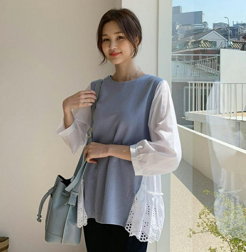 ≪人気商品再入荷≫レースコントラストTシャツ・全2色・b55216 レディース 【tops】 韓国ファッション トップス Tシャツ 長袖 7分丈 パフスリーブ 体型カバー カラーアイテム レース コントラスト レイヤード フリル 無地 パステル ユニーク 秋 春