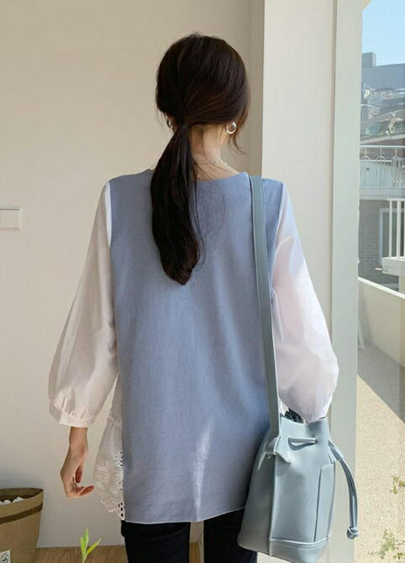 ≪人気商品再入荷≫レースコントラストTシャツ・全2色・b55216 レディース 【tops】 韓国ファッション トップス Tシャツ 長袖 7分丈 パフスリーブ 体型カバー カラーアイテム レース コントラスト レイヤード フリル 無地 パステル ユニーク 秋 春