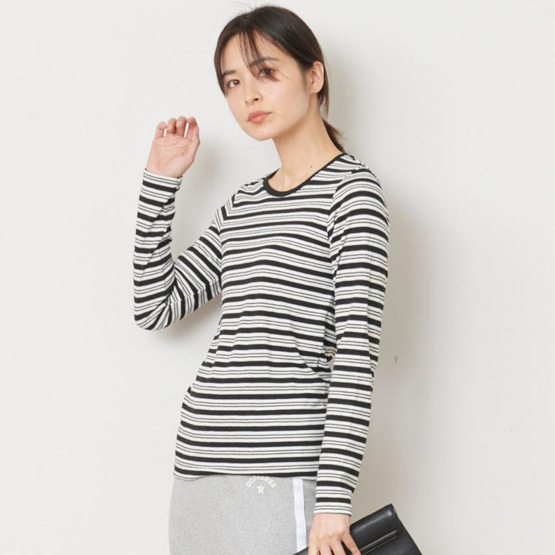 インナーにも◎ガーゼスムースボーダーＵネックＴシャツ