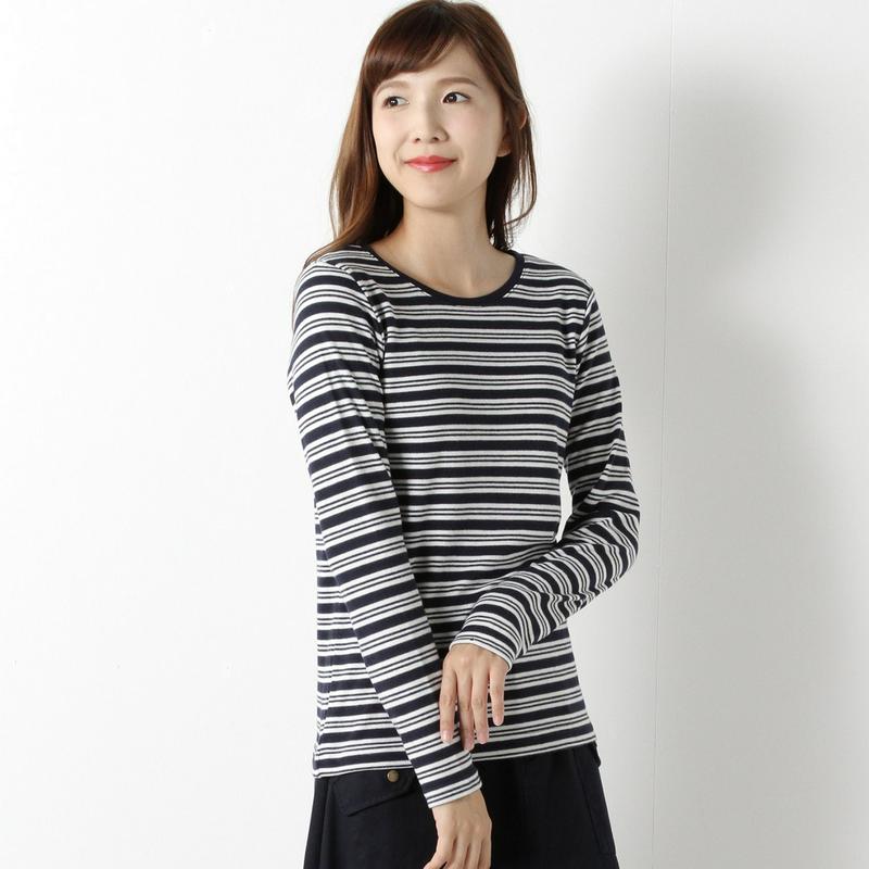 インナーにも◎ガーゼスムースボーダーＵネックＴシャツ