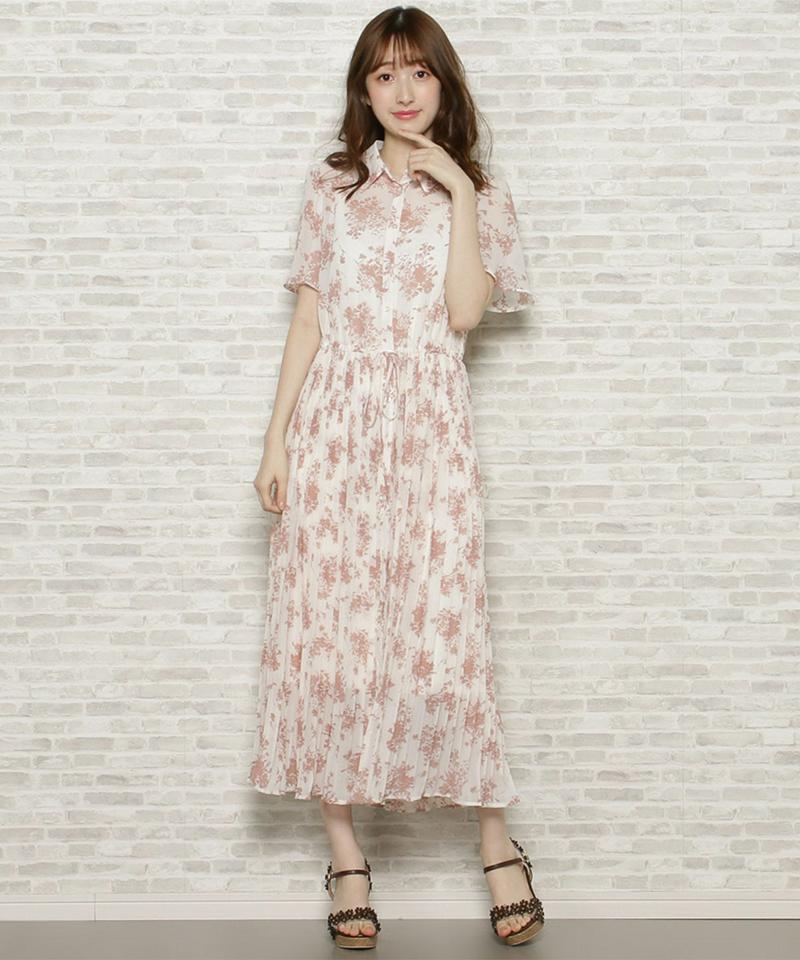 単色フラワープリントプリーツワンピース