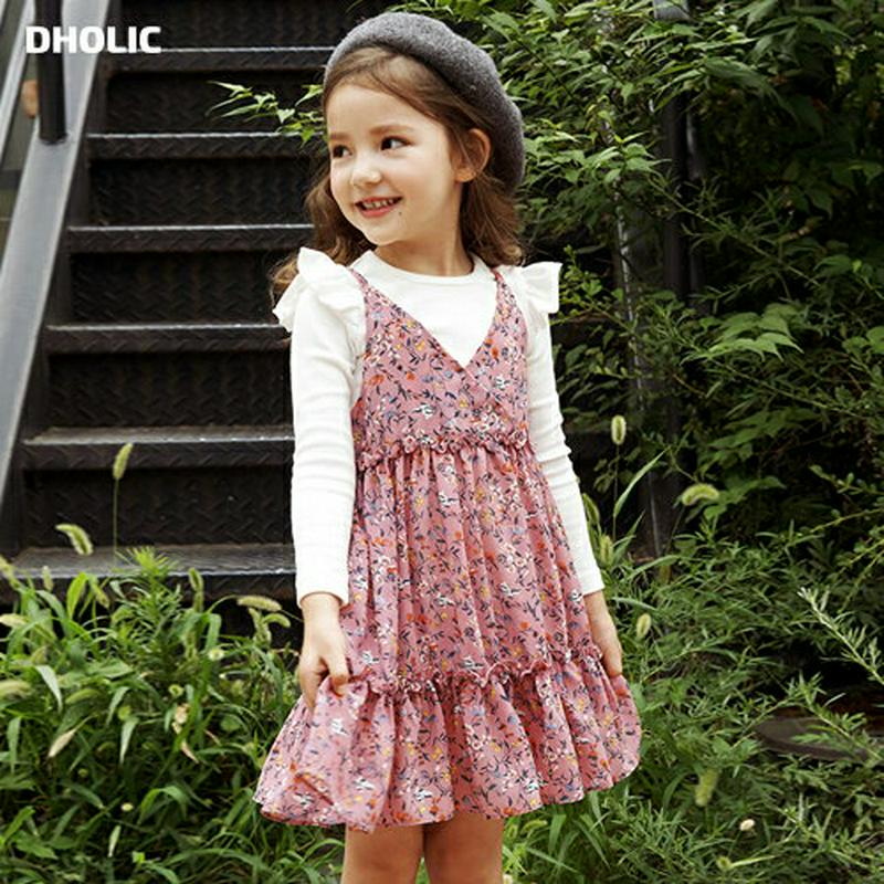 フリルTシャツ＆ワンピースSET・p001069 キッズ【3~8才】【ops】【セット ワンピース トップス Tシャツ フリル 長袖 スリーブレス ノースリーブ キャミソールワンピース 花柄 フラワー 無地 ガーリー 女の子 子供 こども 子供服 こども服】【KIDS】