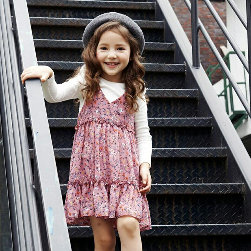 フリルTシャツ＆ワンピースSET・p001069 キッズ【3~8才】【ops】【セット ワンピース トップス Tシャツ フリル 長袖 スリーブレス ノースリーブ キャミソールワンピース 花柄 フラワー 無地 ガーリー 女の子 子供 こども 子供服 こども服】【KIDS】