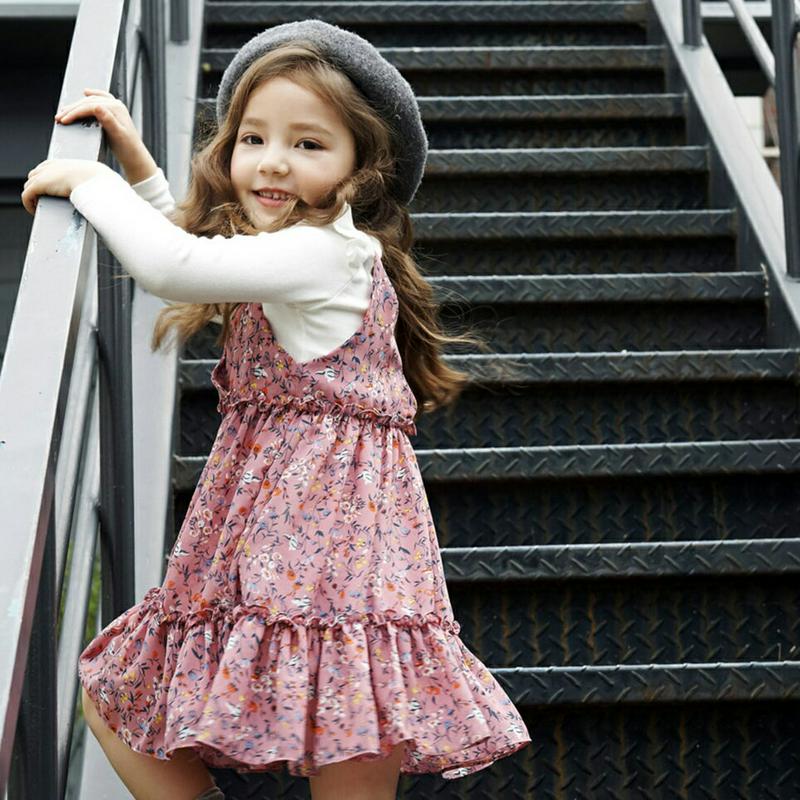 フリルTシャツ＆ワンピースSET・p001069 キッズ【3~8才】【ops】【セット ワンピース トップス Tシャツ フリル 長袖 スリーブレス ノースリーブ キャミソールワンピース 花柄 フラワー 無地 ガーリー 女の子 子供 こども 子供服 こども服】【KIDS】