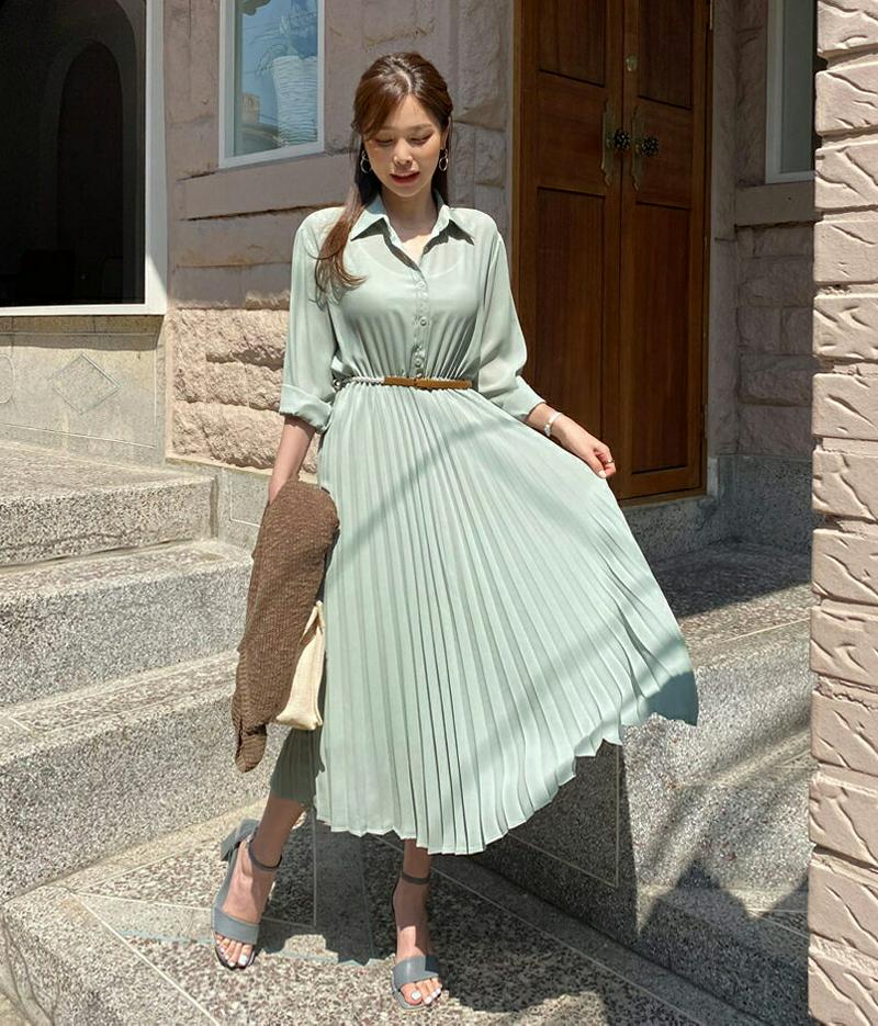 ベルト付プリーツワンピース・全3色・t61716 レディース【ops】【ワンピース ロングワンピース ロング 長袖 プリーツ プ