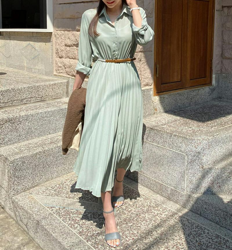 ベルト付プリーツワンピース・全3色・t61716 レディース【ops】【ワンピース ロングワンピース ロング 長袖 プリーツ プ